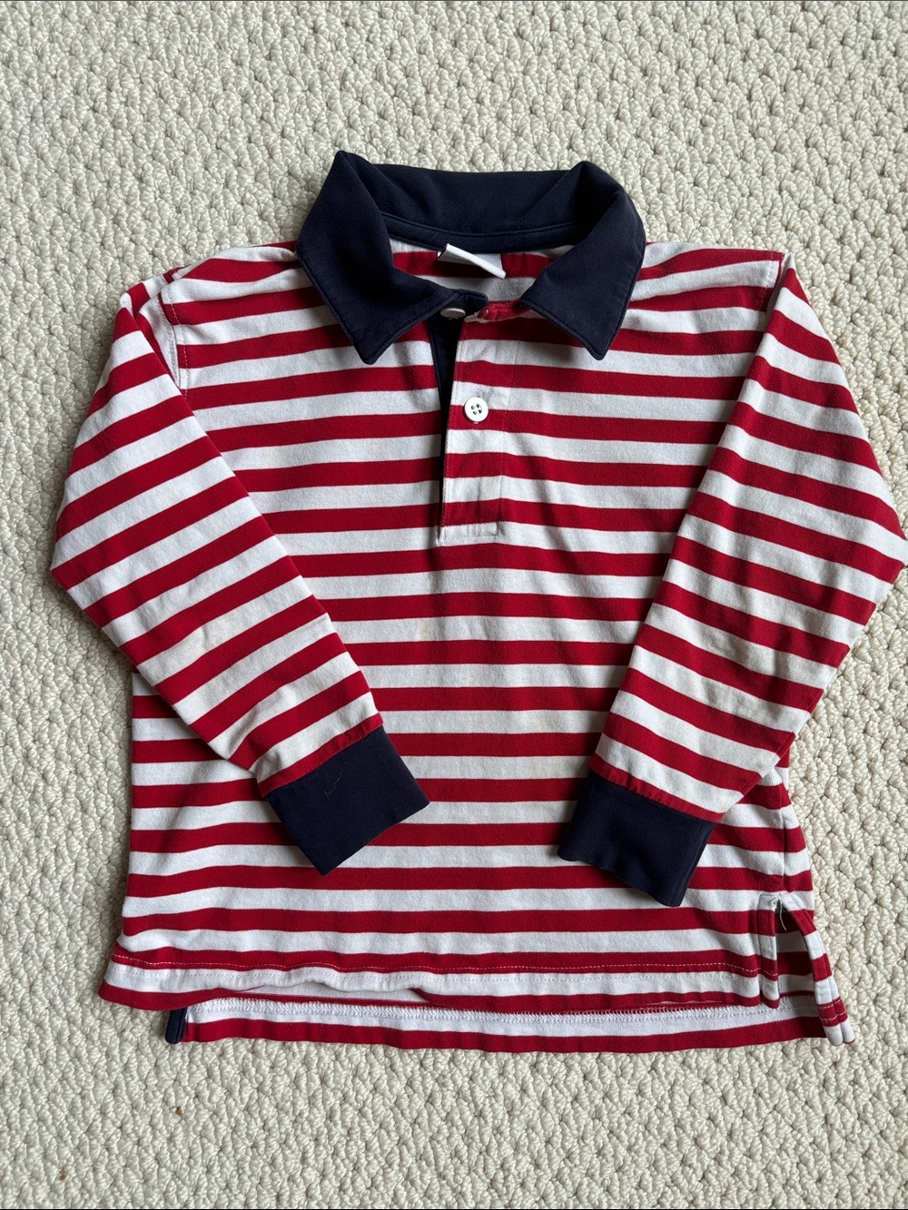 Florence Eiseman Red and White Striped Long-Sleeve Polo with Navy Collar
